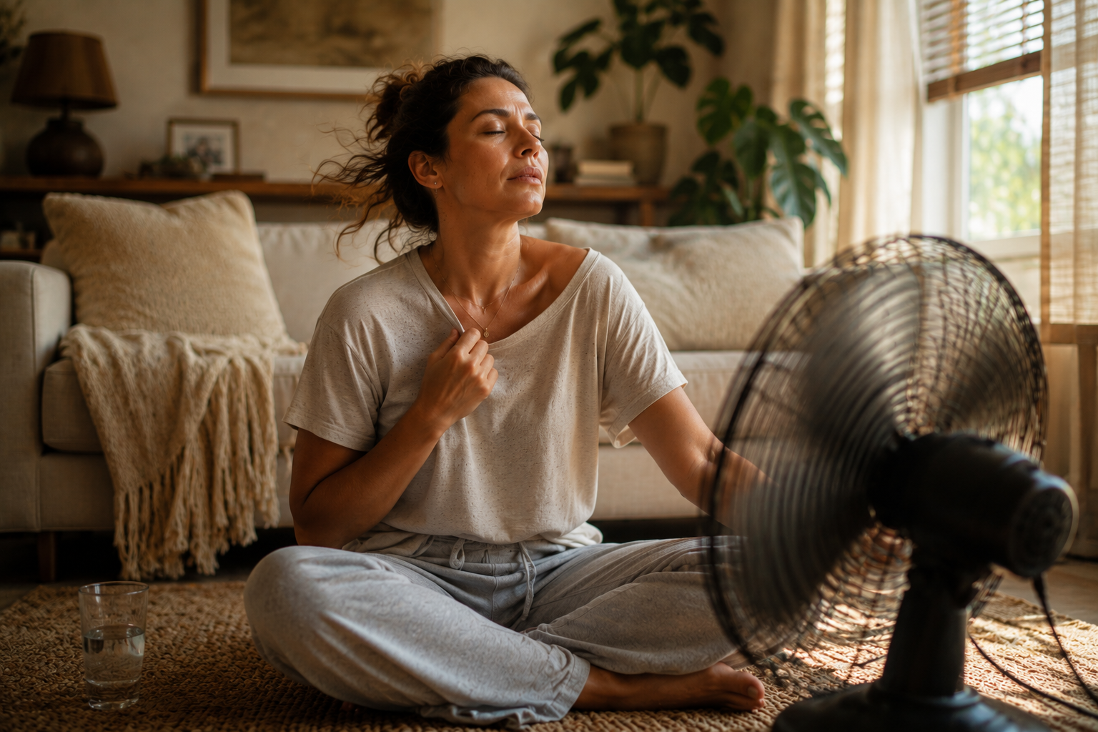 Woman distressed by a sudden perimenopause symptom and cooling herself near a fan